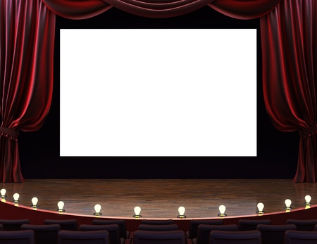 Cinema movie theater with curtains, screen, seats and lighted stage. Room for text or copy space advertisment.の写真素材