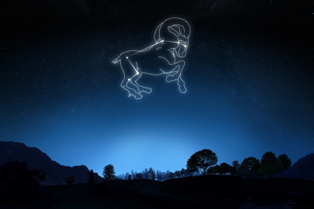 Zodiac Aries with a star and symbol outline on a gradient sky background  の写真素材