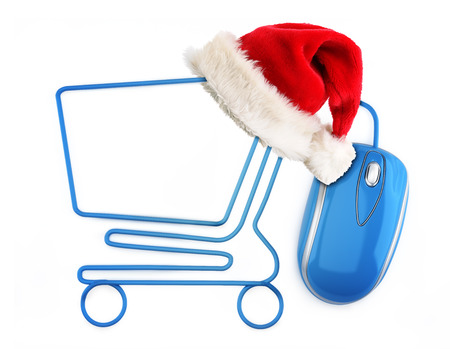Christmas online shopping concept  Santa hat sitting on a shopping cart formed by a mouse cable の写真素材