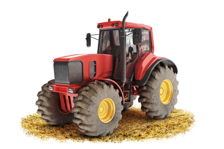 Red generic tractor positioned on a field with a white backgroundの写真素材