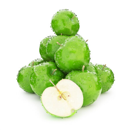 Juicy wet group of green apples on a white background の写真素材