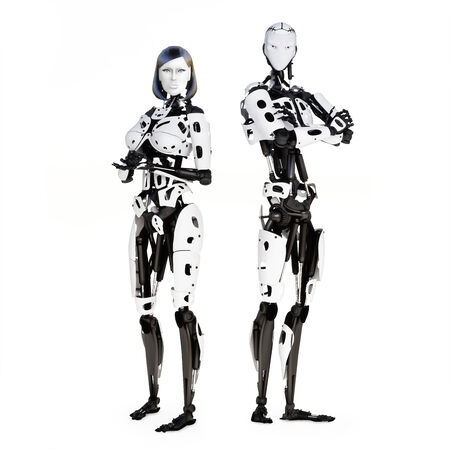 Female and male cyber robot posing on a white background の写真素材