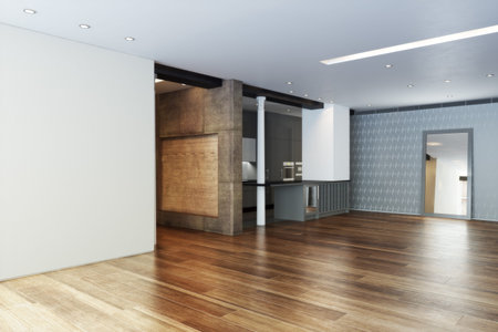 Empty Highrise apartment with column accent interior and hardwood floors 