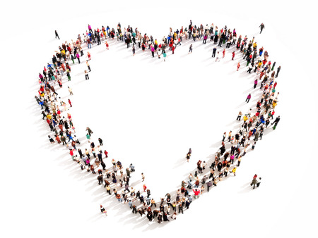 Large group of people in the shape of a heart  High angle view on a white backgroundの写真素材