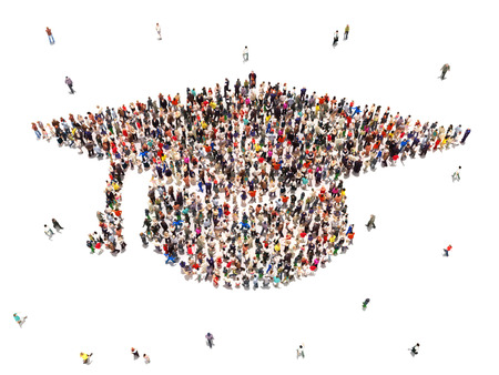 People getting an education  Large group of people in the shape of a graduation cap on a white background