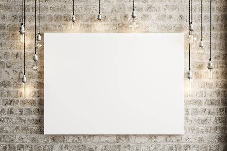 Mock up poster with ceiling lamps and a rustic brick background, Photo realistic 3d illustration.の写真素材