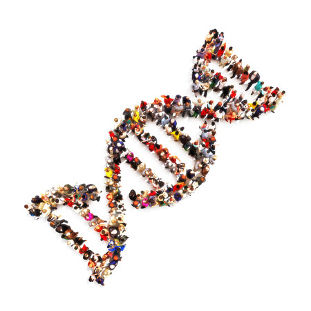 DNA foot print. Large group of people in the shape of a DNA symbol on a white background. Medical DNA ,genealogy, biology concept.の写真素材