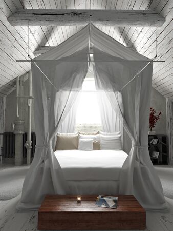 Rustic charming bedroom with draped canopy bed . Photo realistic 3d renderingの写真素材