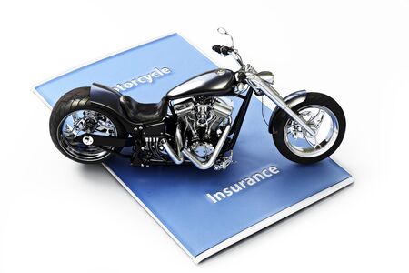 Motorcycle insurance concept. Generic black custom motorcycle sitting on a insurance brochure. Photo realistic 3d model scene on an isolated white background.の写真素材
