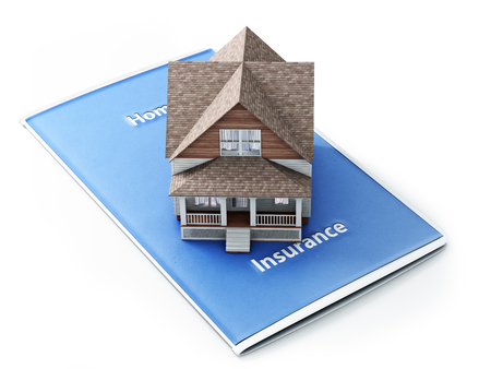 Home insurance concept . House sitting on an insurance brochure with a white background.の写真素材
