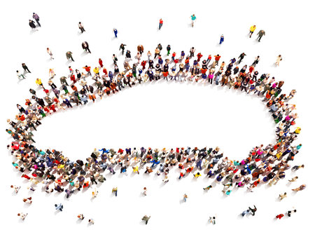 Purchasing or renting a car ,ownership, or renting concept.Large group of people in the shape of a...
