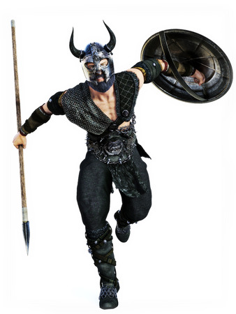 Viking attack with spear and shield on an isolated white background.Photo realistic 3d model scene.の写真素材