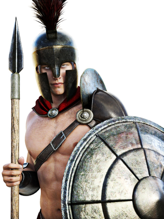 Spartan soldier in battle dress isolated on a white background.の写真素材