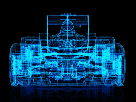 3d wire frame front view of a formula race car on a black background. 3d renderingの写真素材