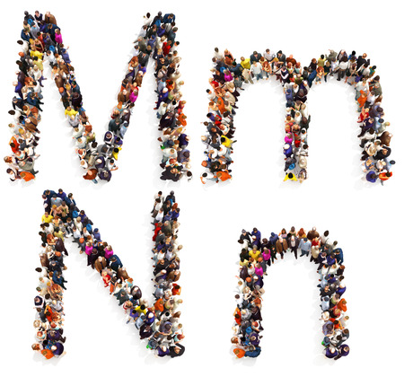 Collection of a large group of people forming the letter M and N in both upper and lower case isolated on a white background. Large 7k resolution map ,additional letters available, 3d rendering.の写真素材