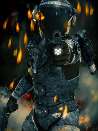 Space Marine in action aiming his weapon at the camera with sparks, smoke and fire in the background. 3d renderingの写真素材