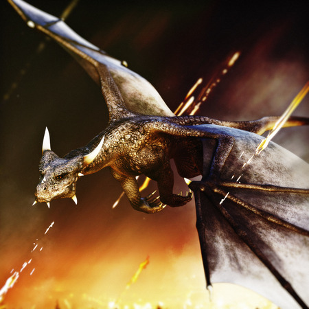 Fire breathing dragon rushing in for another attack. 3d renderingの写真素材