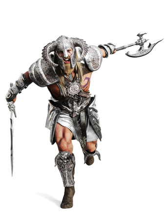Fierce armored barbarian warrior running into battle on an isolated white background. 3d rendering illustrationの写真素材