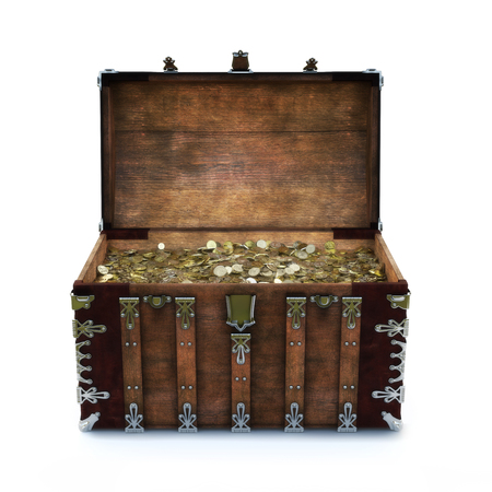Old chest filled with gold coins on an isolated white background. 3d renderingの写真素材