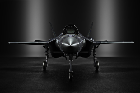 Advanced F35 secret jet in an undisclosed location with silhouette lighting. 3d renderingの写真素材