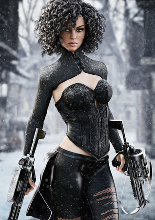 Fantasy female hunter holding duel crossbows tracking her target through snow. 3d renderingの写真素材