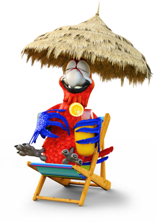 Humorous parrot relaxing with a drink on a white isolated background.Vacation,travel, relaxing concept. 3d renderingの写真素材