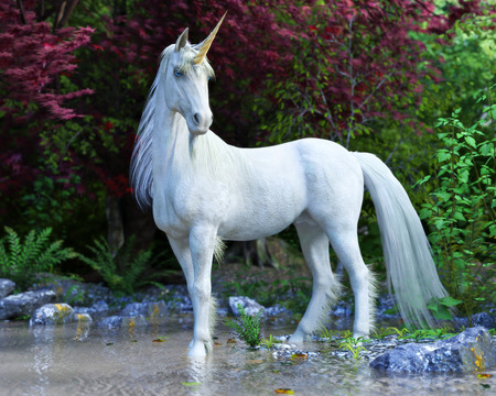 Mythical white Unicorn posing in an enchanted forest . 3d renderingの写真素材