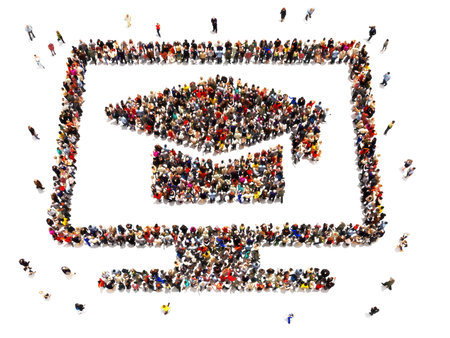 E learning. Large group of people forming the symbol of a computer. Online education concept on an isolated white background. 3d renderingの写真素材