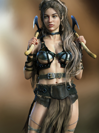 Portrait of a posing barbarian female wielding two axes on a gradient background. 3d renderingの写真素材
