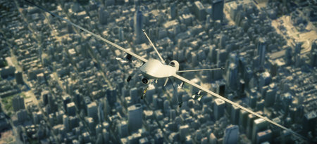 UAV  armed reconnaissance and attack drone flying high above a metropolitan city. 3d rendering
