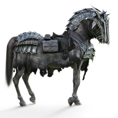 Side view of a posing armored war horse on a isolated white background. 3d renderingの写真素材