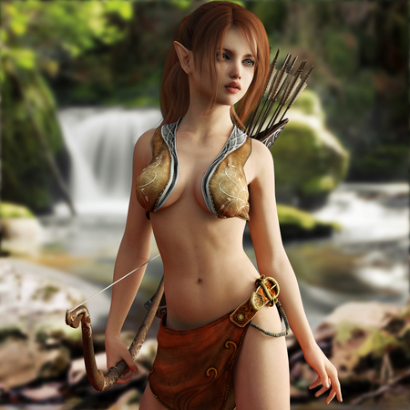 Fantasy young red headed wood elf posing within her mythical forest. 3d renderingの写真素材