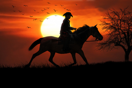 Cowboy and his trusted horse riding off into the sunset. 3d renderingの写真素材