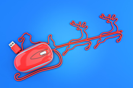 Online Christmas shopping concept. Santa , sled and reindeer in the shape of a computer mouse. 3d renderingの写真素材