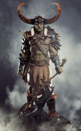 Savage Orc Brute leader posed on a rock outcrop wearing traditional armor and equipped with a large axe  . Fantasy themed character with a haze and smoked background. 3d Renderingの写真素材