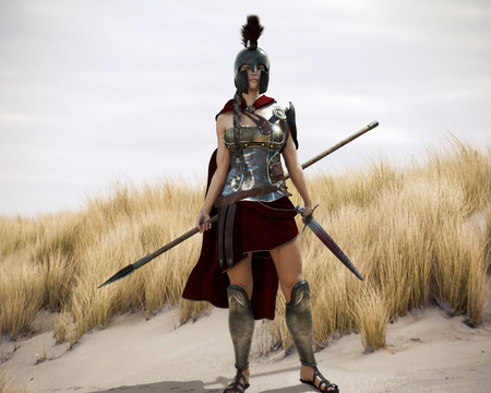 The Spartan. Portrait of a battle hardened Greek Spartan female warrior equipped with a sword and spear ready for battle. 3d rendering.の写真素材