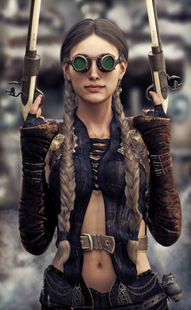 Portrait of a beautiful steampunk woman gunslinger holding two pistols  3d renderingの写真素材