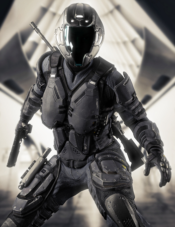 Portrait of a futuristic armored female soldier ready for battle with an abstract science fiction architectural background. 3d renderingの写真素材