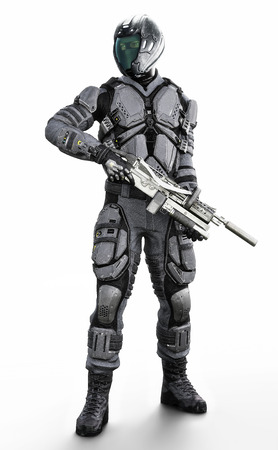 Full length vertical illustration of a masked futuristic armored soldier on an isolated white background. 3d renderingの写真素材