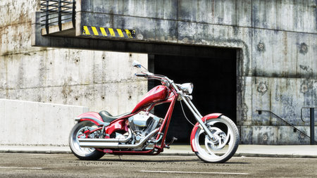 Custom red motorcycle with an industrial grunge background. 3d rendering