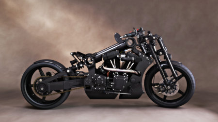 Custom unique black motorcycle with studio backdrop background. 3d rendering