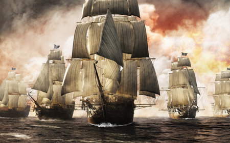 Front view of a raider pirate ship fleet piercing through the smoke and the fog after a successful...