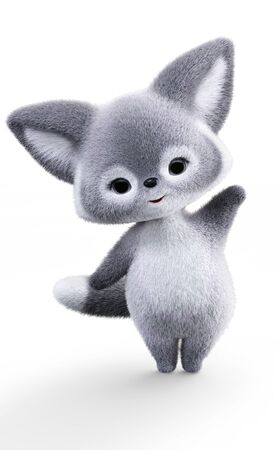 Cute plushy grey furry fox stuffed animal waving on a isolated white background. 3d renderingの写真素材