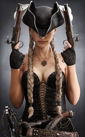 Portrait of gorgeous sexy pirate bounty hunter female with long braided brown hair. Young mysterious woman is wearing a black corset bustier, tricorn hat , gun belt and armed with pistols.3d renderingの写真素材