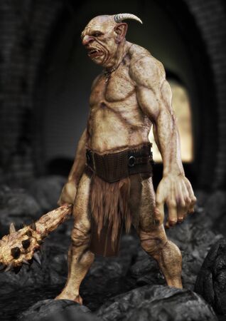 Portrait of a evil troll with spiked club, patrolling under a bridge. 3d renderingの写真素材