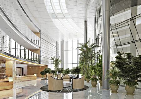 Large open concept contemporary atrium style resort lobby interior. 3d renderingの写真素材