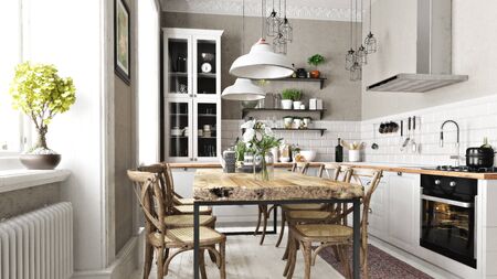 Scandinavian contemporary style kitchen with eating area and simplistic accents. 3d renderingの写真素材