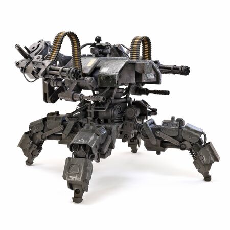 Futuristic heavily armored quad legged land drone military assault weapon concept capable of traversing uneven terrain and delivering tremendous firepower. 3d rendering isolated on white backgroundの写真素材
