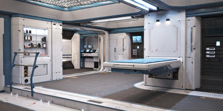 Sci fi futuristic interior of a medical bay with treatment bed and various healthcare equipment and...