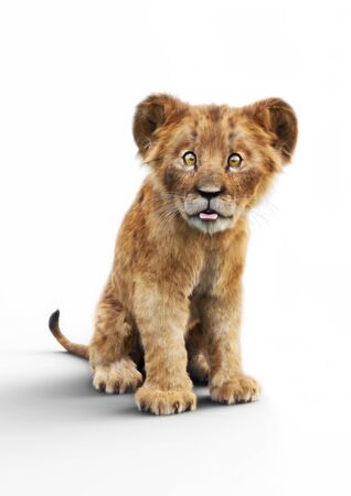 Portrait of a adorable lion cub sticking his tongue out on a white background. Humorous wildlife 3d renderingの写真素材